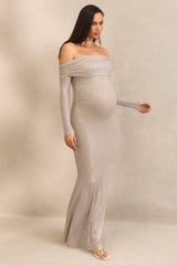 Pomeline | Champagne Hotfix Bardot-Neck Maternity Maxi Dress