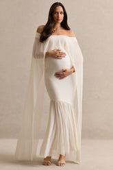 Bluma | Cream Bardot-Neck Maternity Maxi Dress With Sheer Skirt And Cape Detail