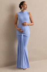 Ralina | Blue High-Neck Maternity Maxi Dress With Satin Tied Sash