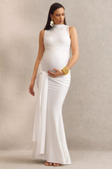 Ralina | White High-Neck Maternity Maxi Dress With Satin Tied Sash