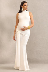 Ralina | White High-Neck Maternity Maxi Dress With Satin Tied Sash