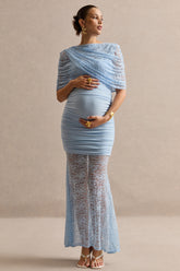 Bronta | Light Blue Lace High-Neck Maternity Maxi Dress With Short Cape And Sheer Skirt