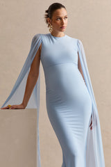 Calitheia | Light Blue Round-Neck Maternity Maxi Dress With Long Floaty Mesh Sleeves