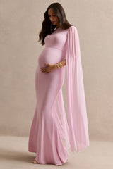 Calitheia | Light Pink Round-Neck Maternity Maxi Dress With Long Floaty Mesh Sleeves