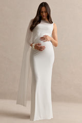 Camora | White Asymmetric-Neck Maternity Maxi Dress With Sheer Cape Sleeve
