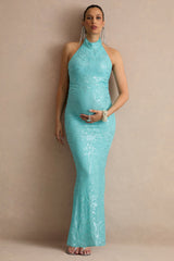 Samina | Turquoise Lace Halter-Neck Maternity Maxi Dress