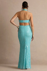Samina | Turquoise Lace Halter-Neck Maternity Maxi Dress