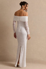 Solina | White Lace Bardot-Neck Maternity Maxi Dress With Bow Detail