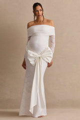 Solina | White Lace Bardot-Neck Maternity Maxi Dress With Bow Detail