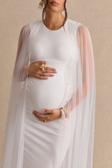 Tereza | White Round-Neck Maternity Maxi Dress With Sheer Cape