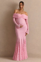 Valleria | Light Pink Lace Bardot-Neck Maternity Maxi Dress