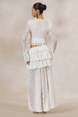 Astella | White Lace Plunge-Neck Top With Ruffled Trim