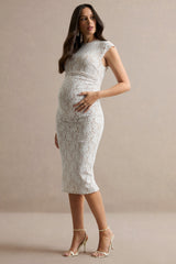 Vianne | White Lace Round-Neck Maternity Midi Dress