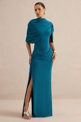 Eleri | Teal High-Neck Maxi Dress With One Short Cape Sleeve And Gathered Detailing