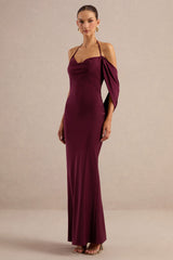 Karisa | Burgundy Satin Cowl-Neck Maxi Dress With Draped Detail