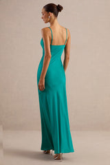 Kyralie | Green Satin V-Neck Maxi Dress with Lace Trim