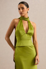 Lareina | Olive Satin Halter-Neck Top