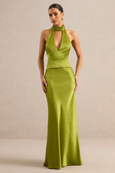Lareina | Olive Satin Maxi Skirt