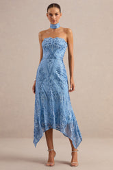 Galathea | Blue Lace Bandeau-Neck Midi Dress With Collar Detail