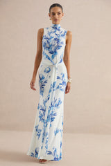 Isella | Blue Floral Print High-Neck Maxi Dress With Gathered Detailing