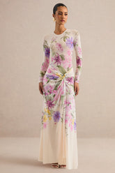 Malva | Cream Floral Print Mesh Maxi Skirt With Twist Detail And Front High Split