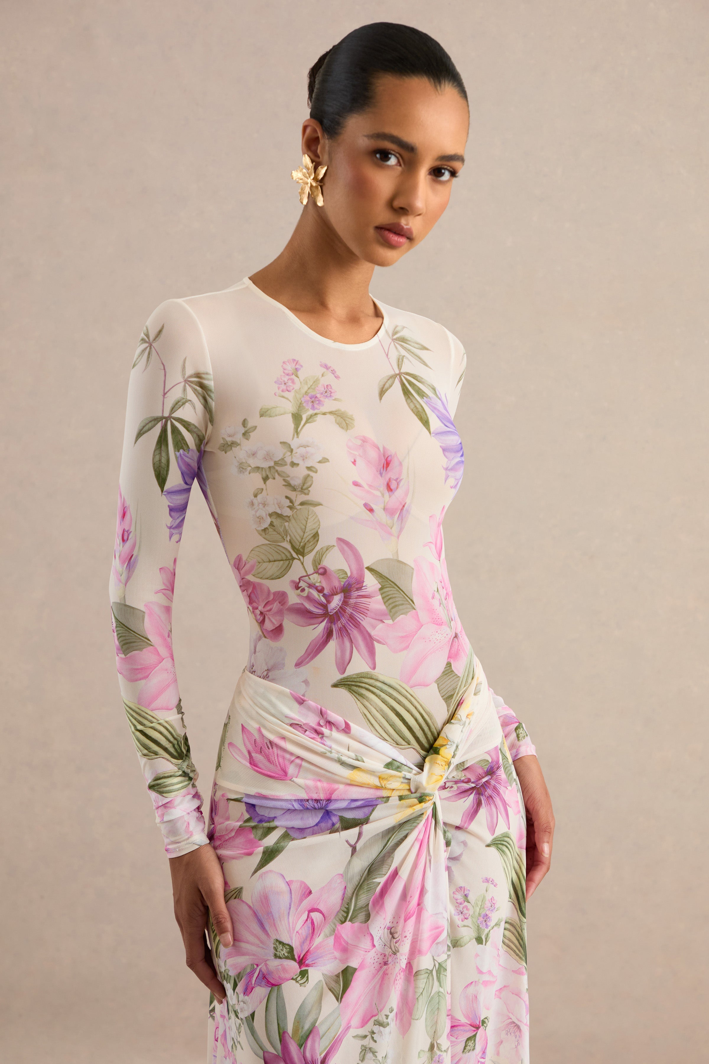 Malva | Cream Floral Print Mesh Round-Neck Bodysuit