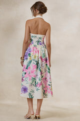 Maila | Cream Floral Print Collared Halter-Neck Midi Dress