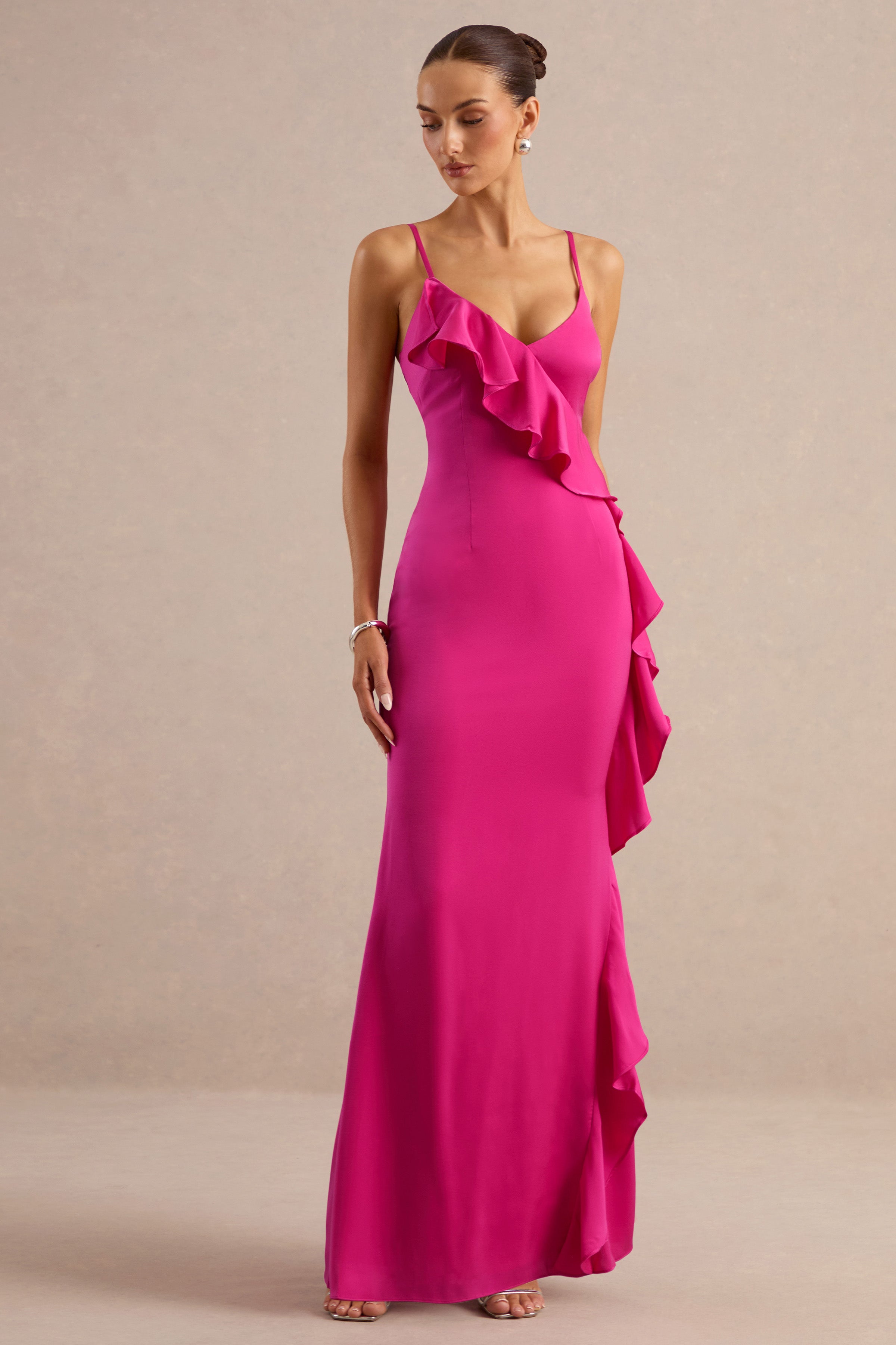 Marcelina | Hot Pink Satin V-Neck Maxi Dress With Ruffled Detailing