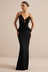 Marlen | Black Satin Plunge-Neck Maxi Dress With Ruffled Detailing