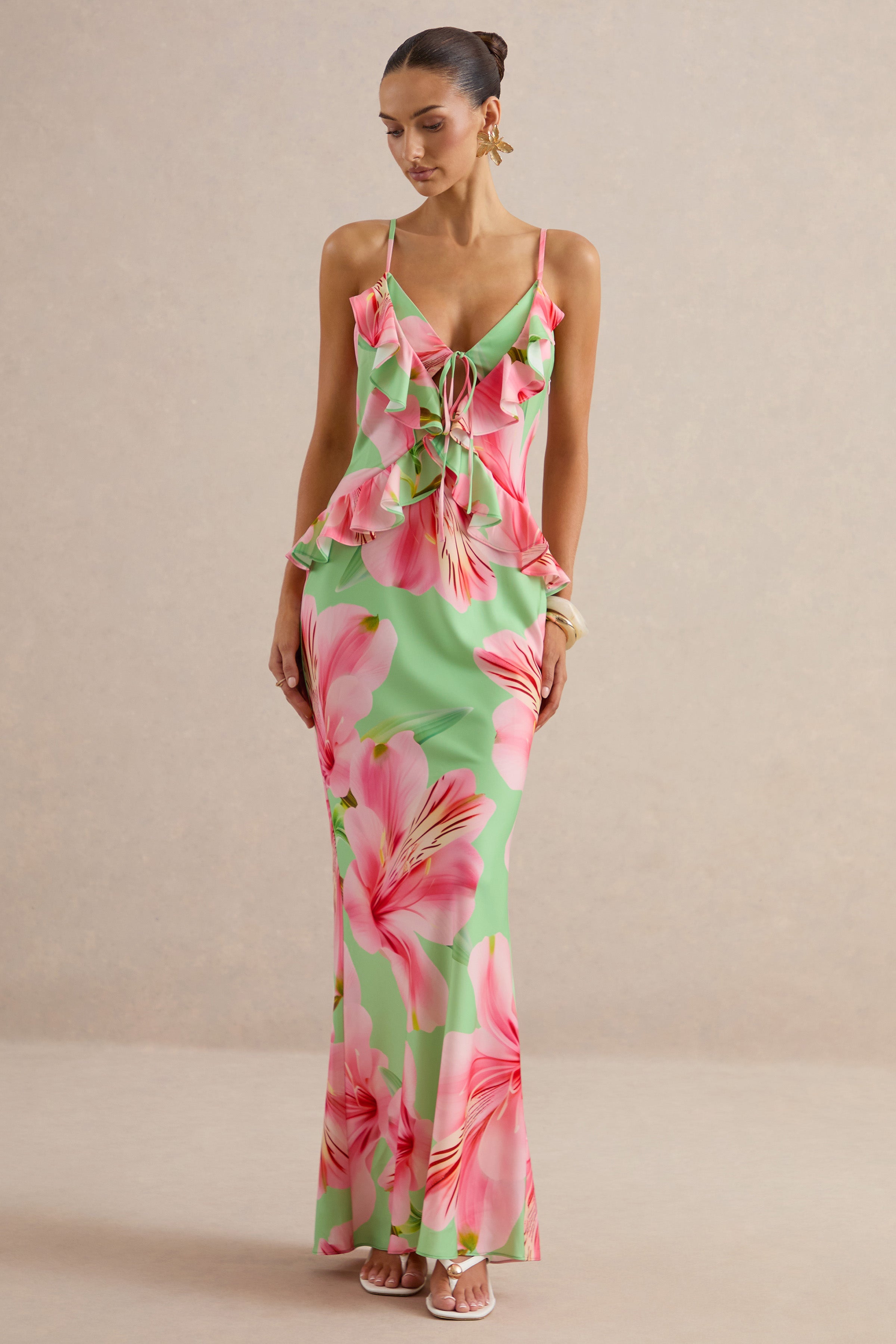 Marlen | Green Floral Print Satin Plunge-Neck Maxi Dress With Ruffled Detailing