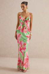 Marlen | Green Floral Print Satin Plunge-Neck Maxi Dress With Ruffled Detailing