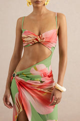 Miralina | Dark Green Floral Print Sweetheart-Neck Maxi Dress