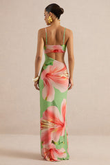 Miralina | Dark Green Floral Print Sweetheart-Neck Maxi Dress