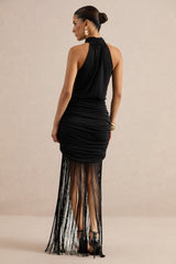 Moana | Black Halter-Neck Fringed Maxi Dress With Ruched Detailing