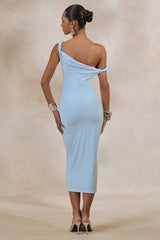 Sarafina | Light Blue Twisted Asymmetric-Neck Midi Dress
