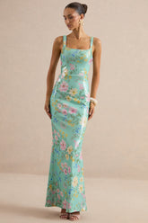Danette | Mint Floral Print Sequin Square-Neck Maxi Dress