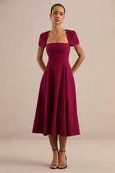 Donia | Burgundy Square-Neck Midi Skater Dress