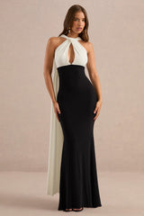 Cassina | Black And White Twist Halter-Neck Cape Maxi Dress