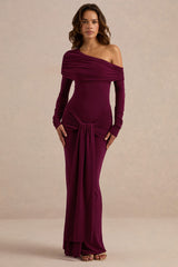 Avonlea | Burgundy Asymmetric-Neck Maxi Dress With Gathered Detailing
