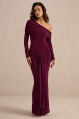 Avonlea | Burgundy Asymmetric-Neck Maxi Dress With Gathered Detailing