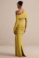 Avonlea | Mustard Asymmetric-Neck Maxi Dress With Gathered Detailing