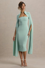 Linden | Light Green Fitted Cape-Sleeve Midi Dress