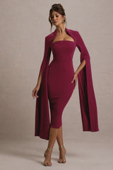 Linden | Berry Fitted Cape-Sleeve Midi Dress