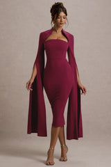 Linden | Berry Fitted Cape-Sleeve Midi Dress