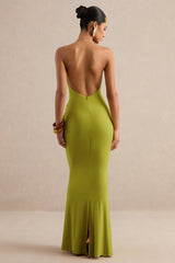 Dinara | Olive Halter-Neck Maxi Dress With Draped Detailing And Gold Detail