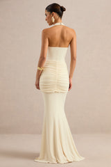 Avalie | Cream Plunge-Neck Maxi Dress With Gathered Detailing