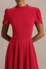 Vicky | Red High Neck Midi Dress With Puff Sleeves