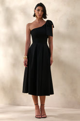 Meria | Black Asymmetric-Neck Midi Dress With Bow-Sleeve