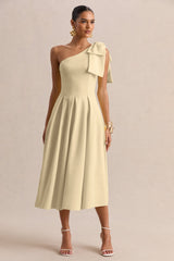 Meria | Lemon Asymmetric-Neck Midi Dress With Bow-Sleeve