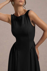 Muriel | Black Boat-Neck Volume-Hem Midi Dress